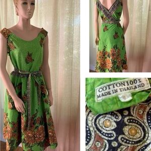 Wrap Dress Made In Thailand 100% Cotton Bright Green Floral Print Skirt Border M